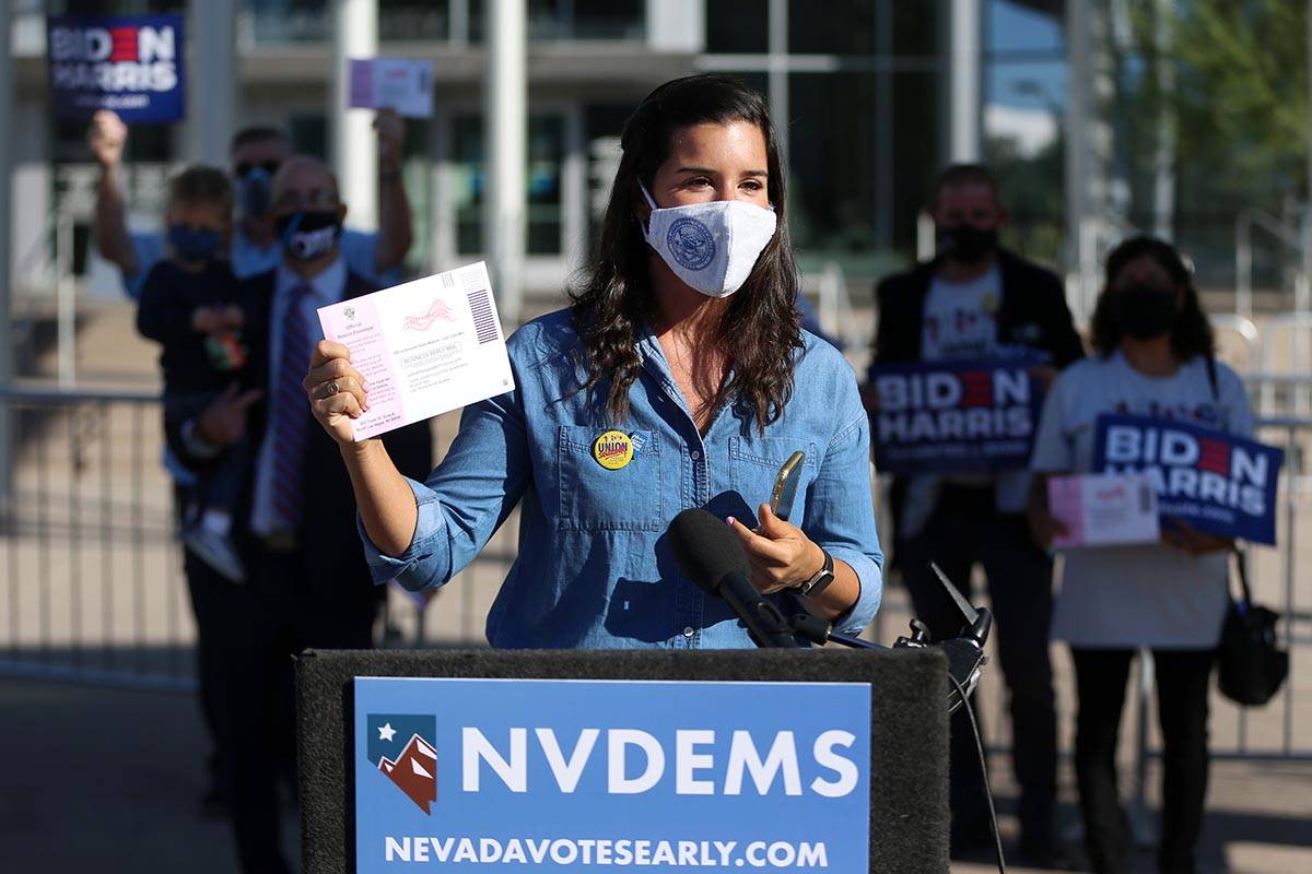 State Senator Yvanna Cancela, D-Las., speaks during a news conference to promote Democrats to v ...
