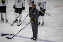 Golden Knights head coach Pete DeBoer shouts instructions during training camp on Wednesday, Ja ...