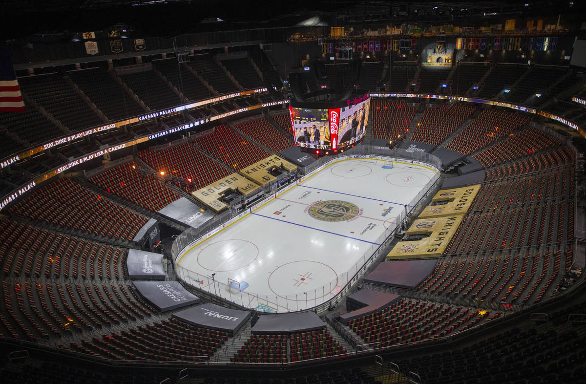 A look at T-Mobile Arena during an intermission of an NHL season-opening game between the Vegas ...
