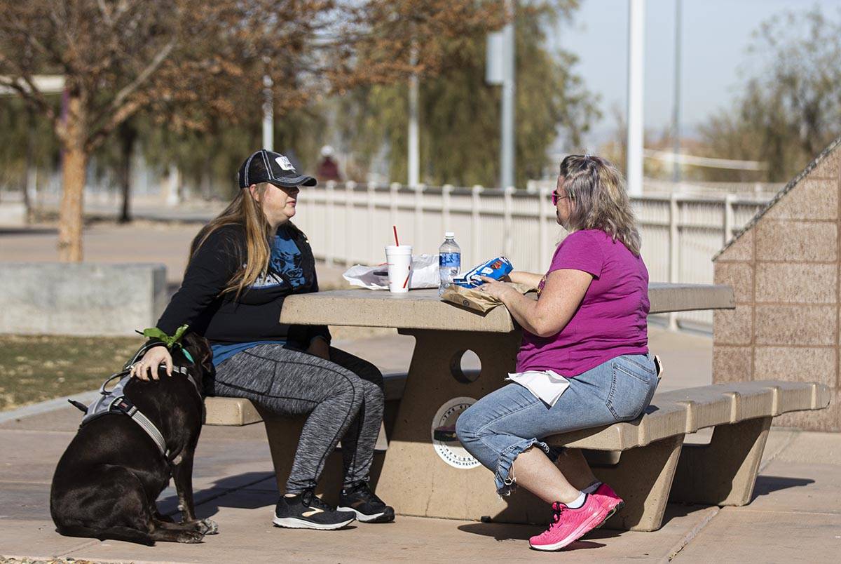 Wendy Zimmer, left, relaxes with her dog Coco and her friend Lesley Miller at Cornerstone Park ...