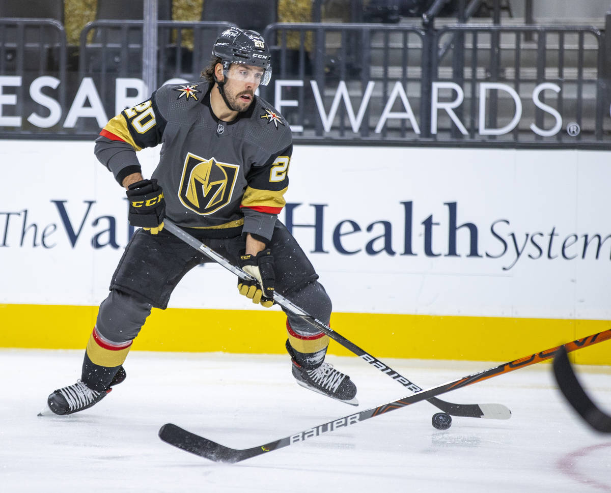 Golden Knights center Chandler Stephenson (20) drives the puck versus the Anaheim Ducks during ...