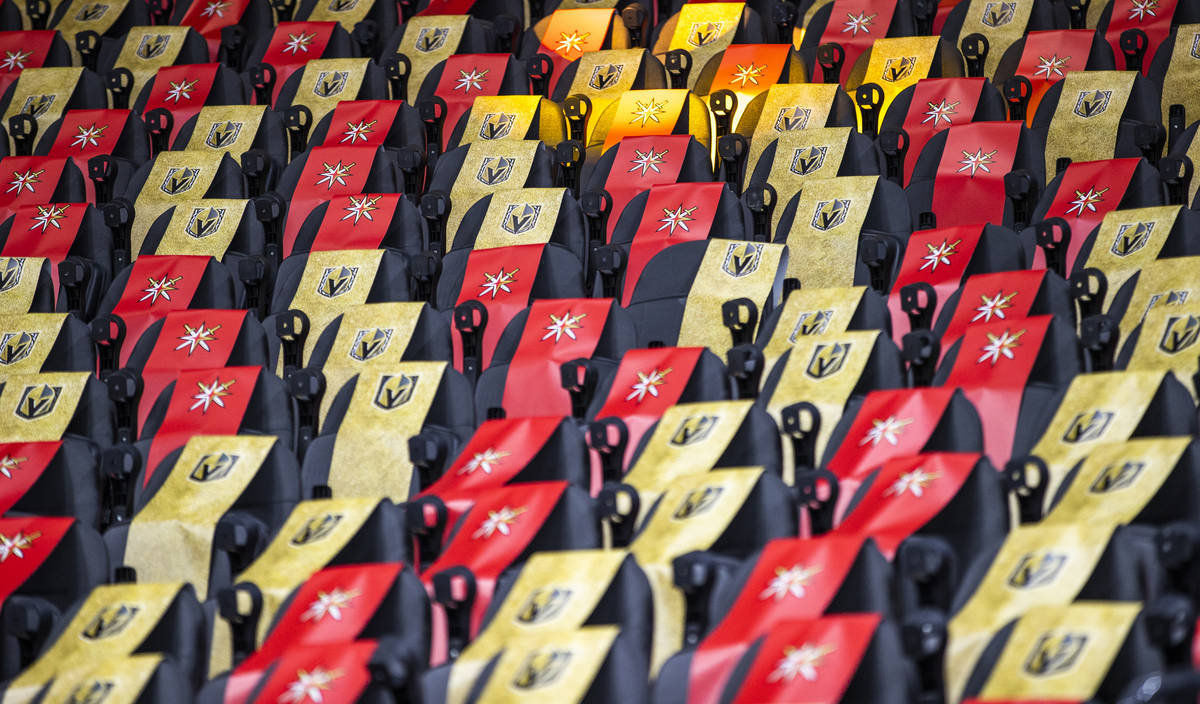 Seats are covered in banners as the Golden Knights battle the Anaheim Ducks during the second p ...