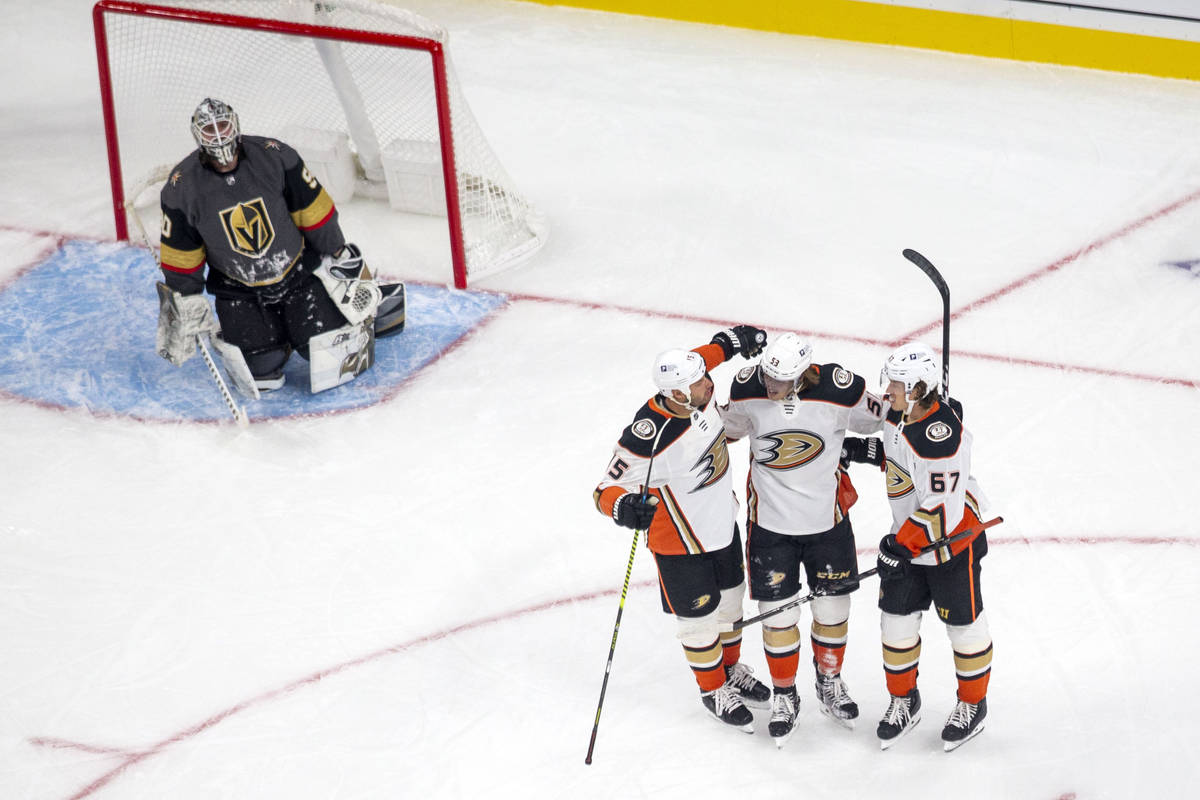 Vegas Golden Knights goaltender Robin Lehner (90) looks on as Anaheim Ducks forward Max Comtois ...