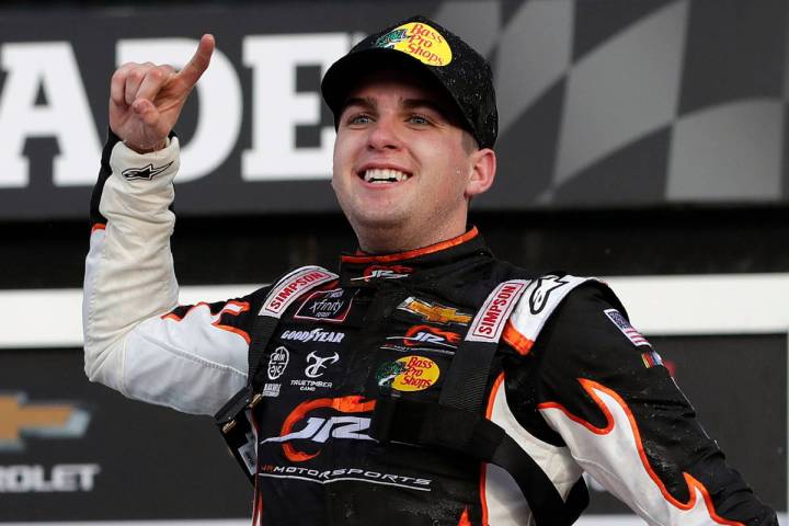 Noah Gragson celebrates in Victory Lane after winning the NASCAR Xfinity series auto race at Da ...