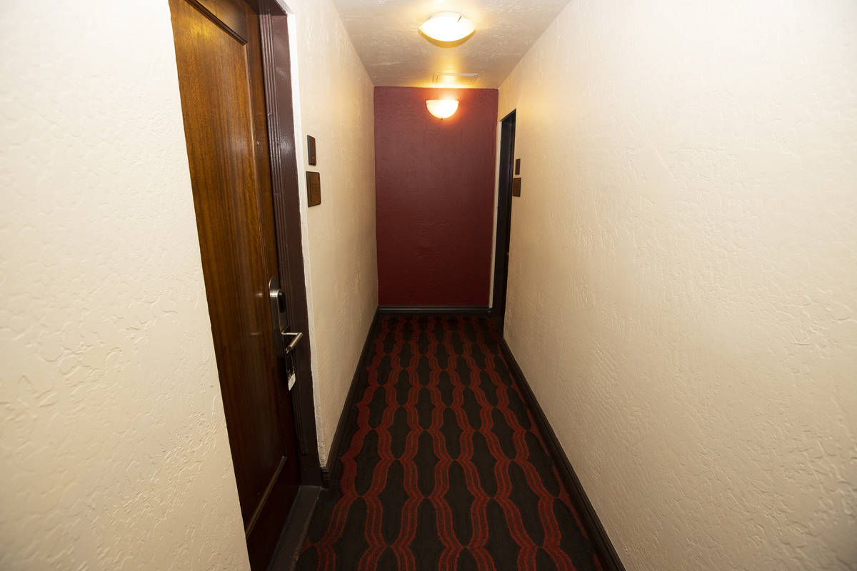 The hallway to original Golden Gate hotel-casino rooms, formerly known as Hotel Nevada, in Las ...