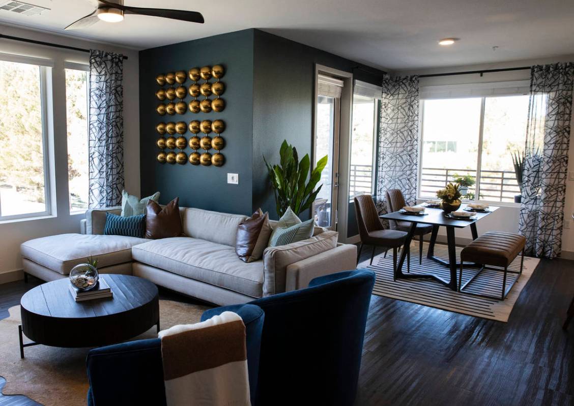 A living room at Elysian at Hughes Center, an apartment complex inside the Hughes Center office ...