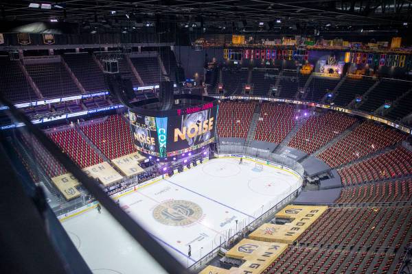 Vegas Golden Knights jumbrotron prompts an empty arena without fans to make noise during the th ...