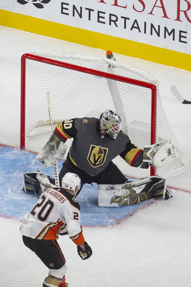 Vegas Golden Knights goaltender Robin Lehner (90) makes a save during the third period of an NH ...