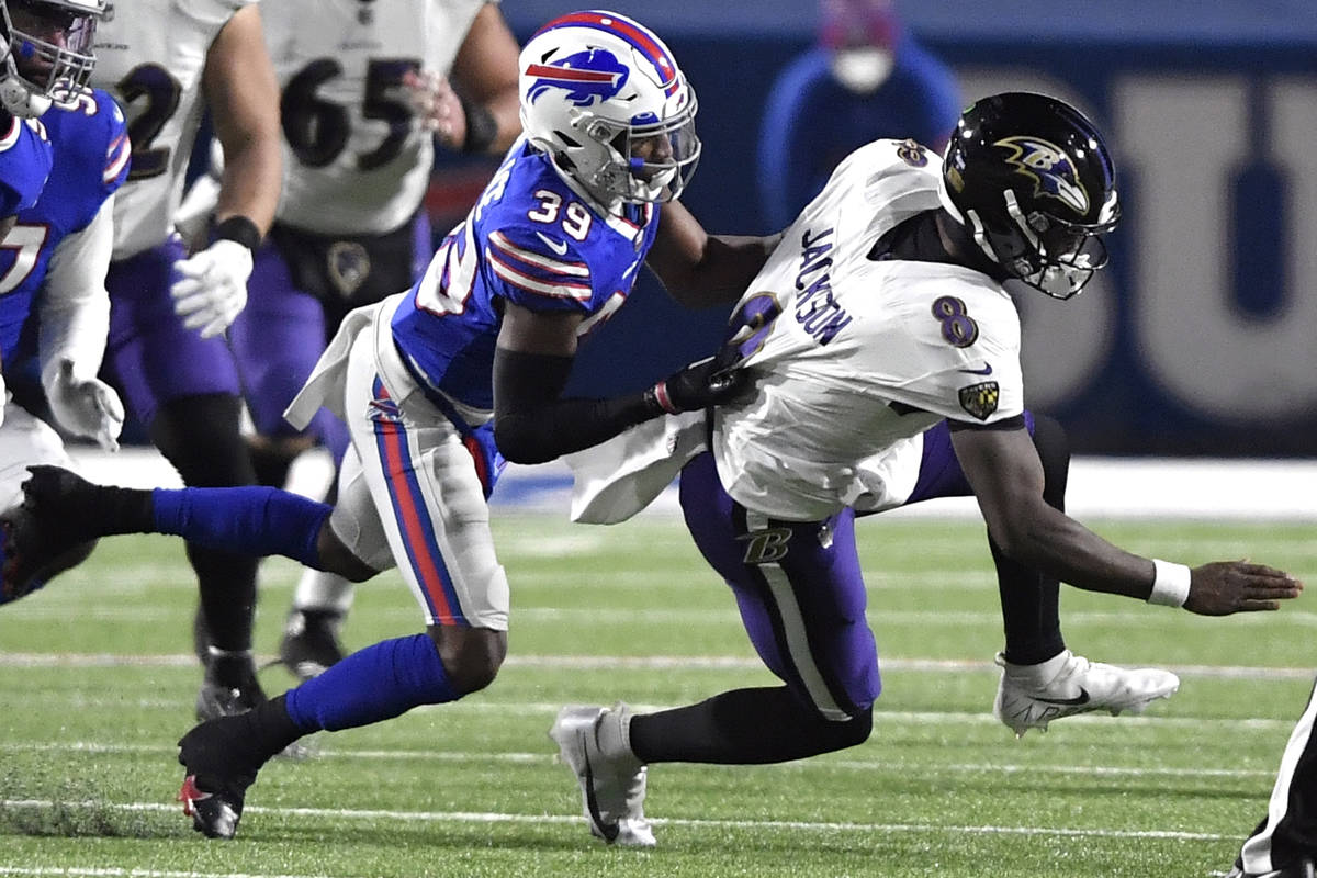 Buffalo Bills cornerback Levi Wallace (39) sacks Baltimore Ravens' Lamar Jackson (8) during the ...