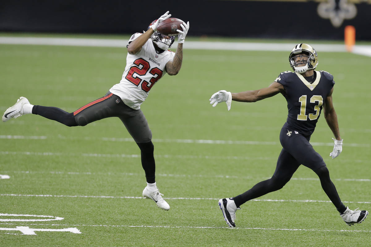 Tampa Bay Buccaneers cornerback Sean Murphy-Bunting (23) intercepts a pass intended for New Orl ...