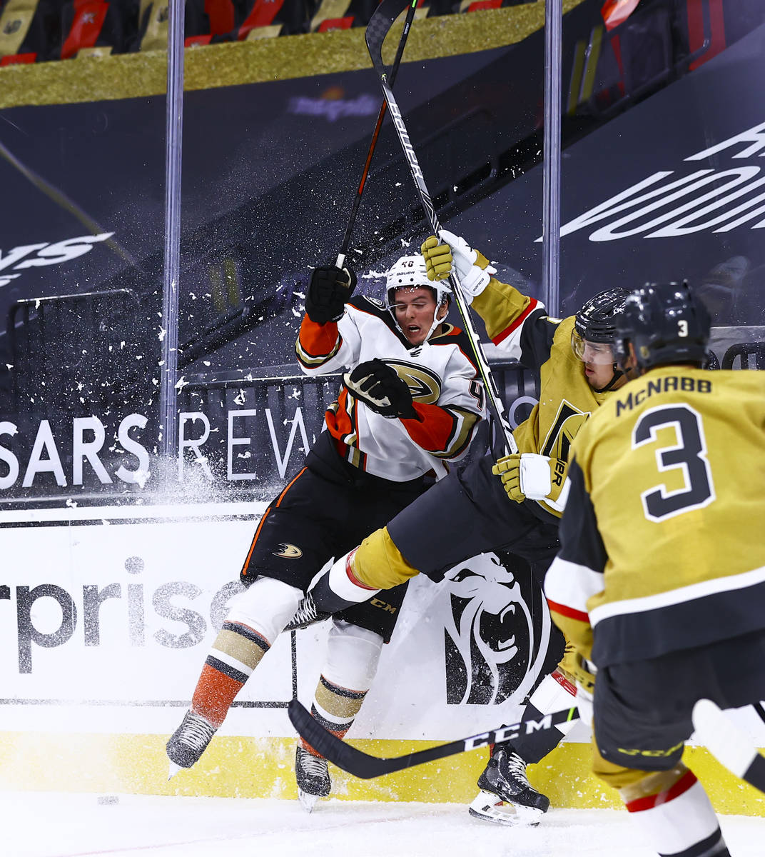 Anaheim Ducks center Isac Lundestrom (48) battles for the puck against Golden Knights defensema ...
