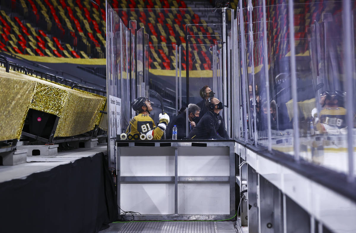 Golden Knights center Jonathan Marchessault (81) sits in the penalty box during the second peri ...
