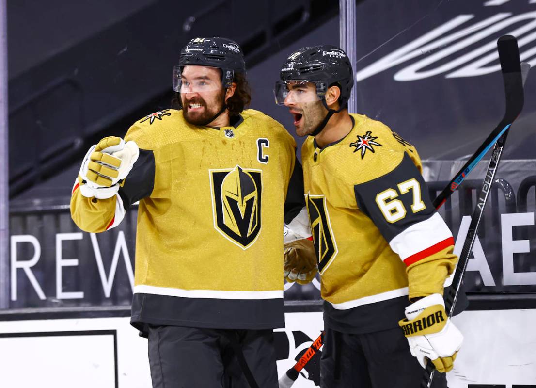 Golden Knights left wing Max Pacioretty (67) celebrates his overtime goal against the Anaheim D ...