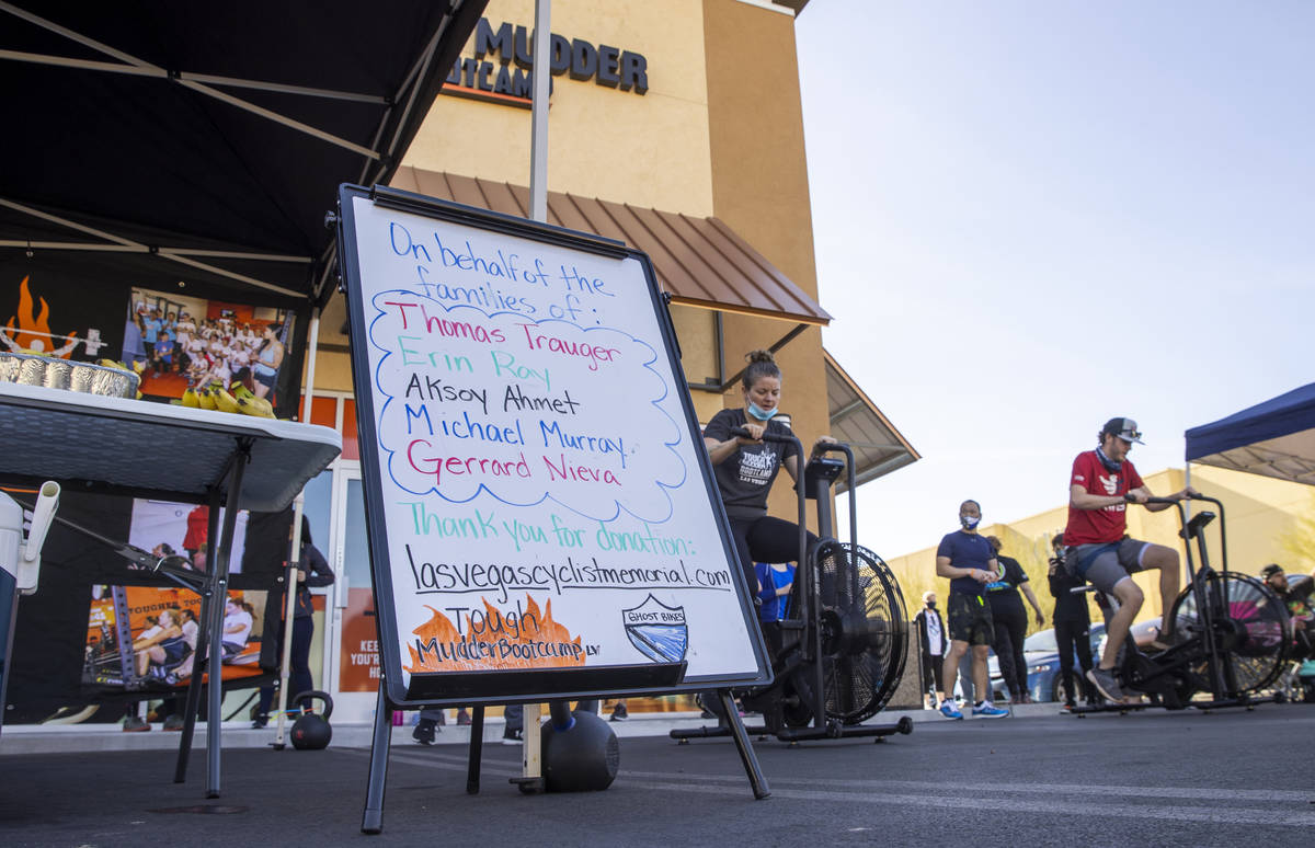 Tough Mudder Bootcamp Las Vegas members pedal 96 miles on stationary bikes as a fundraiser to t ...