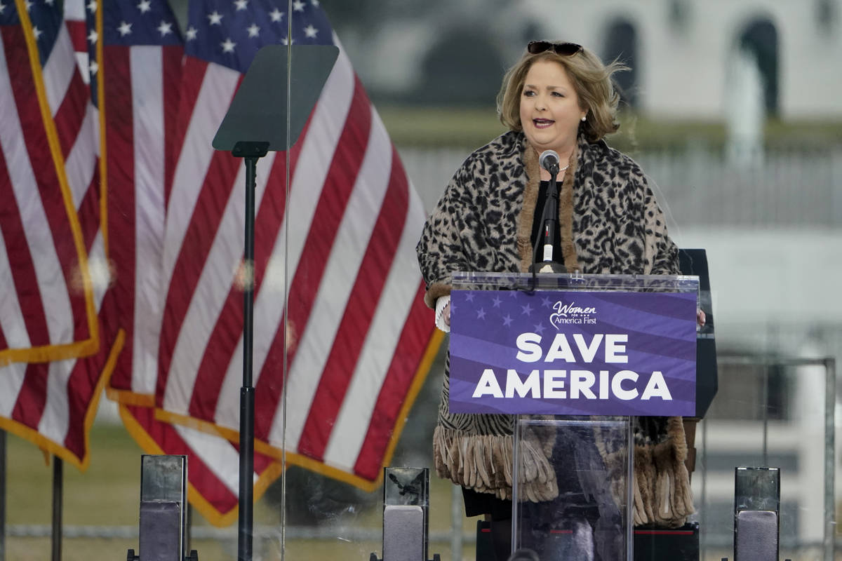 FILE - In this Jan. 6, 2021 file photo Amy Kremer, Chairwoman of Women for America First, speak ...