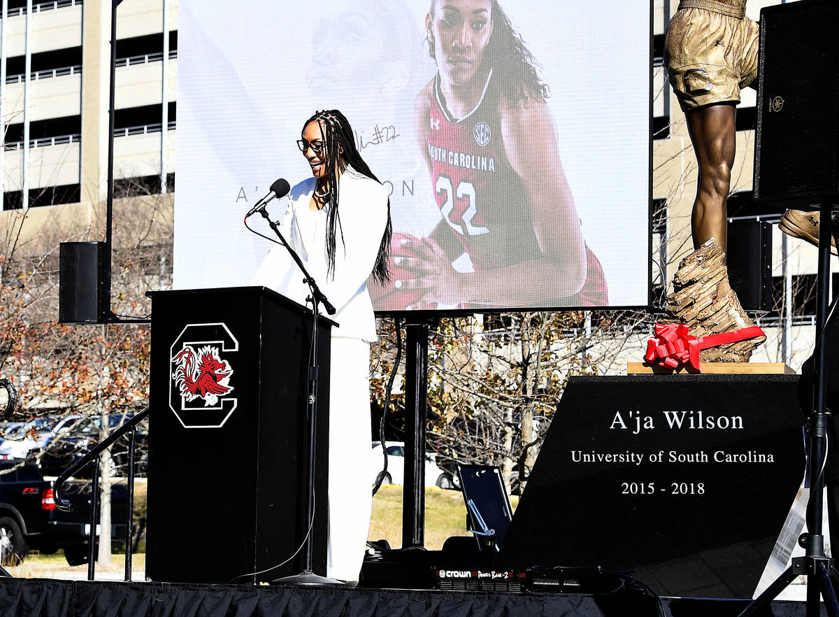 Aces star A’ja Wilson had a bronze sculpture of her unveiled in a ceremony Monday at South Ca ...