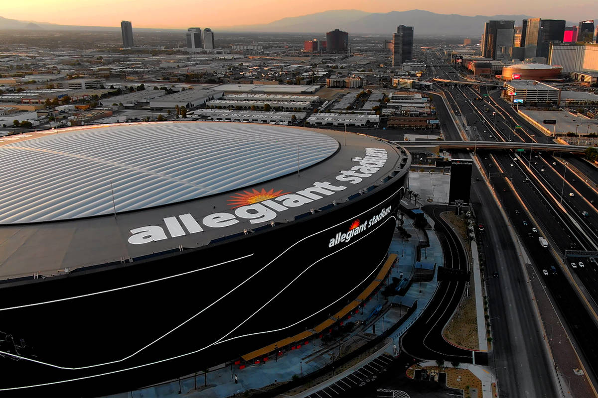 Aerial view of Allegiant Stadium and the Las Vegas Strip on Tuesday, August 25, 2020. (Michael ...