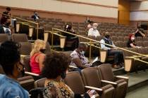 The socially distant crowd at a town hall for pandemic-related housing issues at the Clark Coun ...