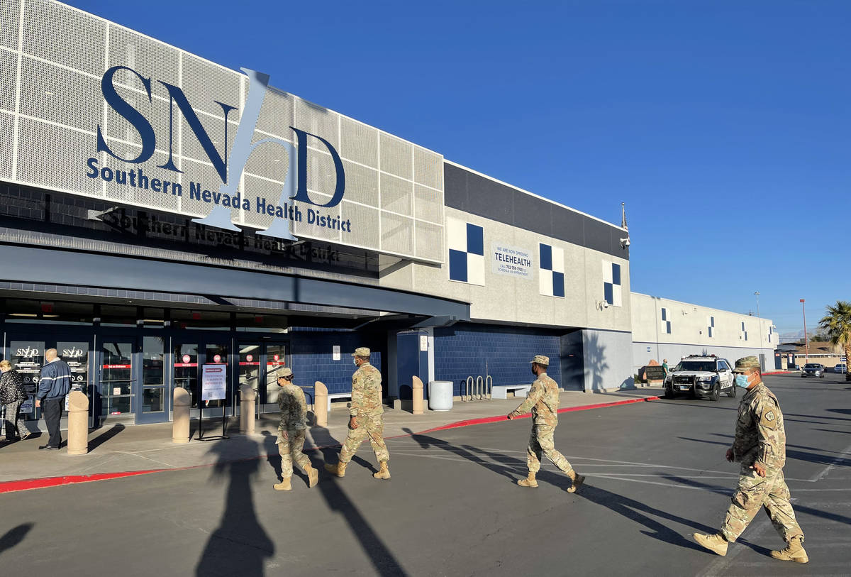 Members of the Nevada National Guard arrive at the Southern Nevada Health District in Las Vegas ...