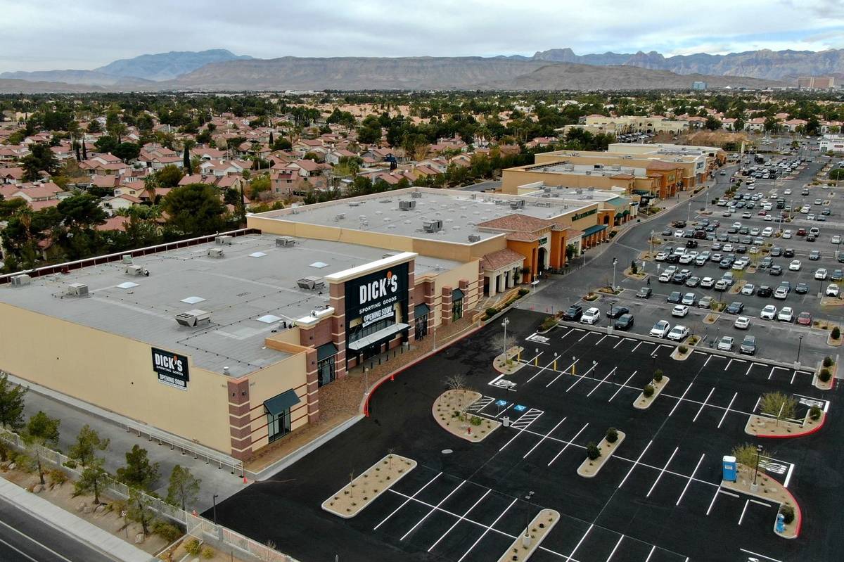 An aerial photo of Crossroads Commons, a Las Vegas strip mall at the southeast corner of Charle ...