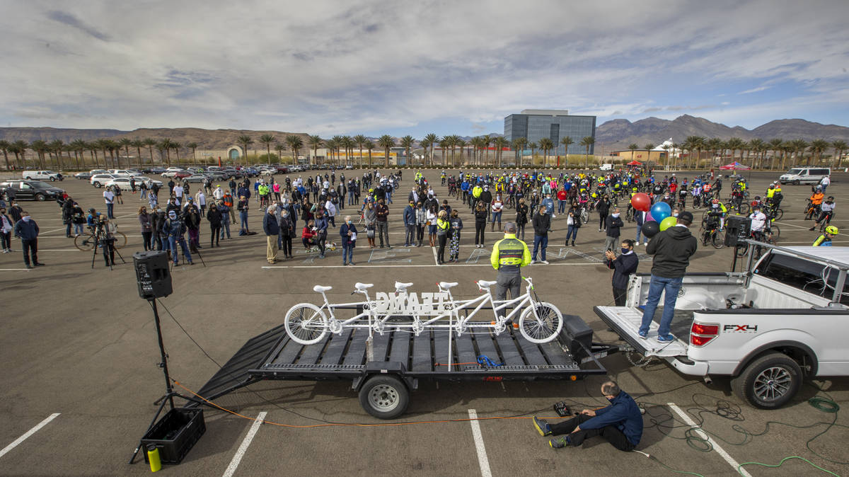 Mark Weimer with Breakaway Cycling addresses the crowd on hand during the LV5 Ghost Bike Unveil ...