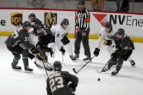 Vegas Golden Knights players, from left to right, forward Reid Duke (37), forward Alex Tuch (89 ...