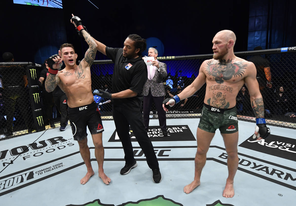 ABU DHABI, UNITED ARAB EMIRATES - JANUARY 23: Dustin Poirier reacts after his knockout victory ...