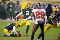 Green Bay Packers kicker Mason Crosby (2) kicks a 26-yard field goal against the Tampa Bay Bucc ...