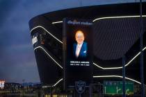 Tribute to Sheldon Adelson on the marquee at Allegiant Stadium on Tuesday, Jan. 12, 2021, in La ...