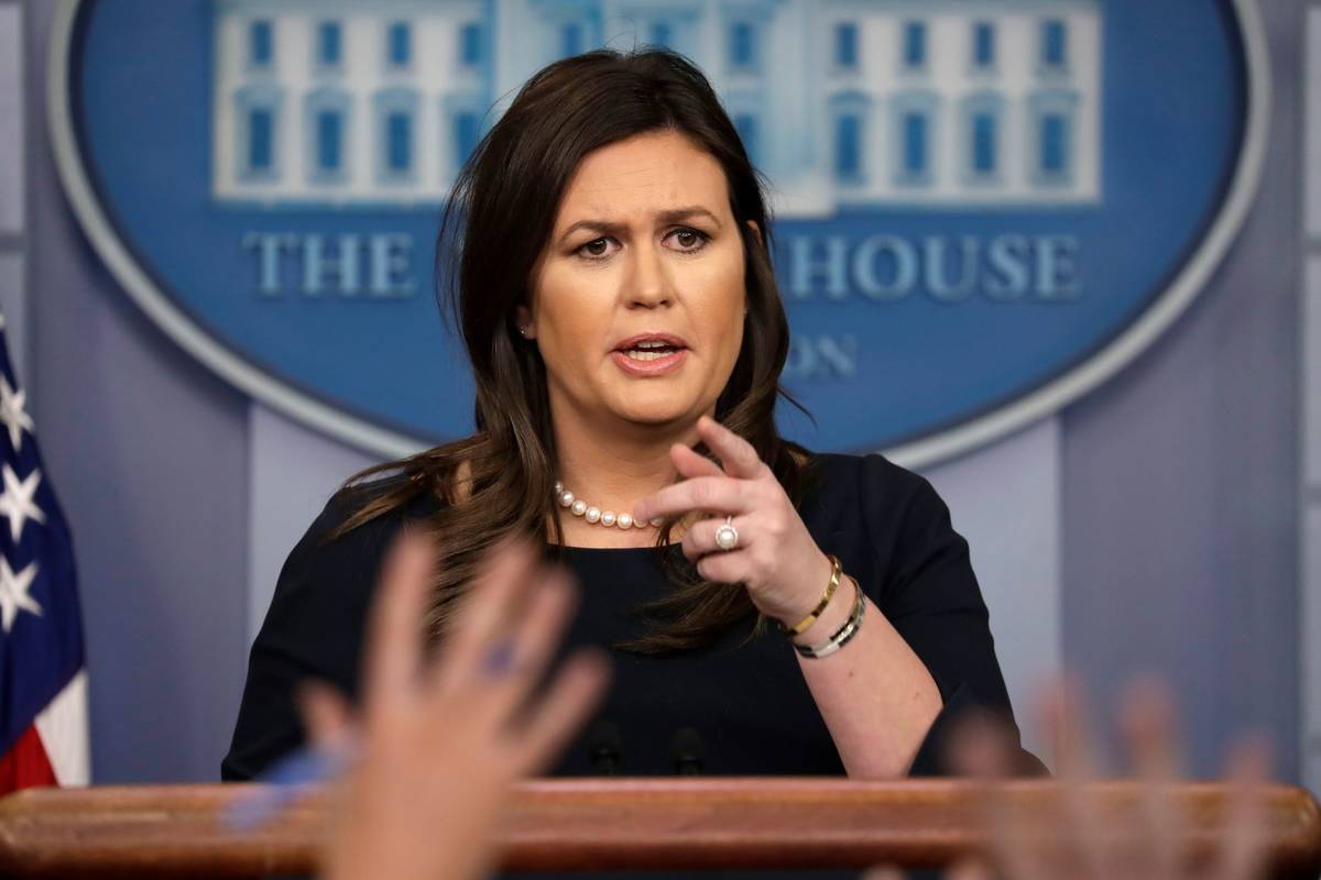 White House press secretary Sarah Sanders speaks during a news briefing at the White House in W ...