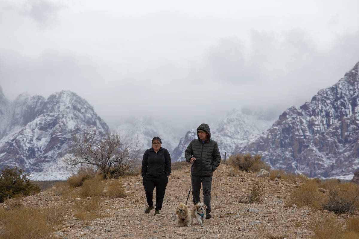 Leah Rivera, Richard Rivera and their two dogs, Mochi and Oakley, enjoy the winter weather at R ...