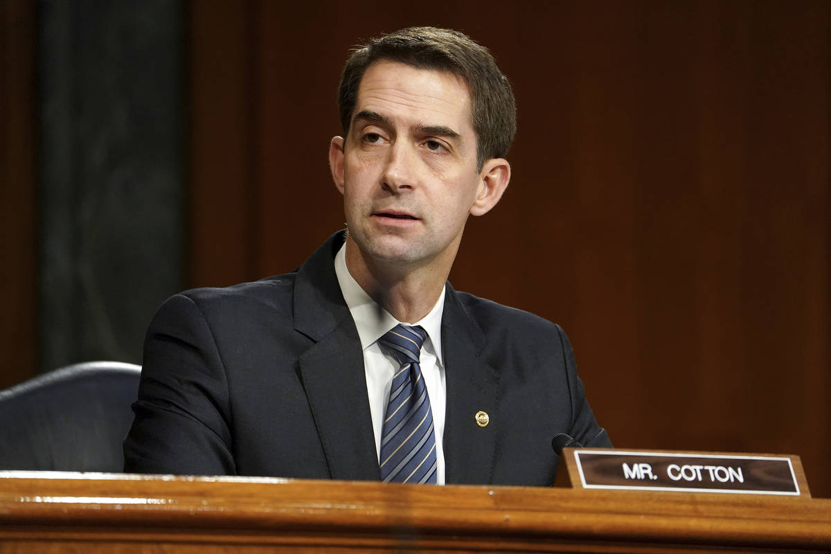 Sen. Tom Cotton, R-Ark., speaks during a confirmation hearing for Secretary of Defense nominee ...