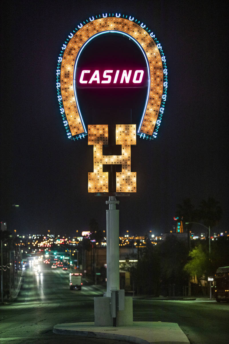 The restored neon sign for Benny BinionÕs Horseshoe Hotel and Casino on Las Vegas Boulevar ...