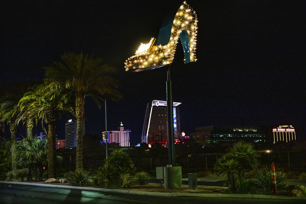 The restored neon sign for The Silver Slipper Casino on Las Vegas Boulevard in Las Vegas, Thurs ...