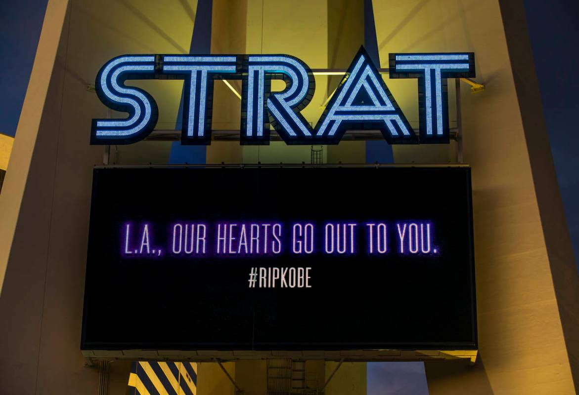 The Strat displays a memorial on their marquee to Kobe Bryant following his surprise death due ...