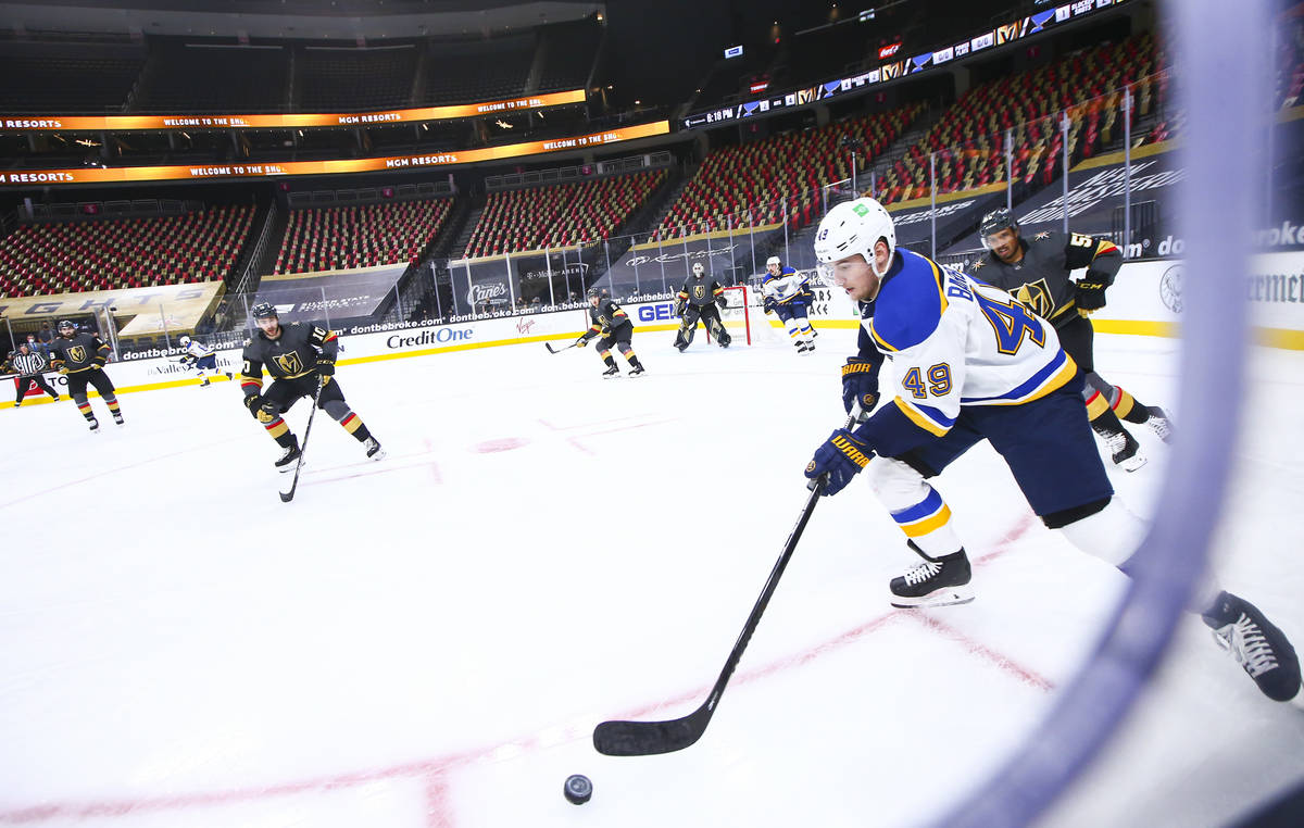 St. Louis Blues center Ivan Barbashev (49) skates with the puck during the first period of an N ...