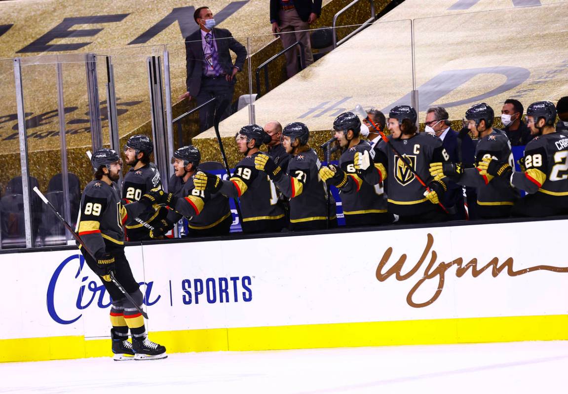 Golden Knights right wing Alex Tuch (89) celebrates his goal against the St. Louis Blues during ...