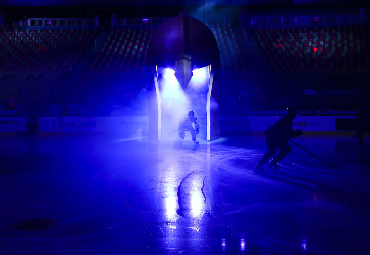 The Golden Knights take to the ice before playing the St. Louis Blues in an NHL hockey game at ...