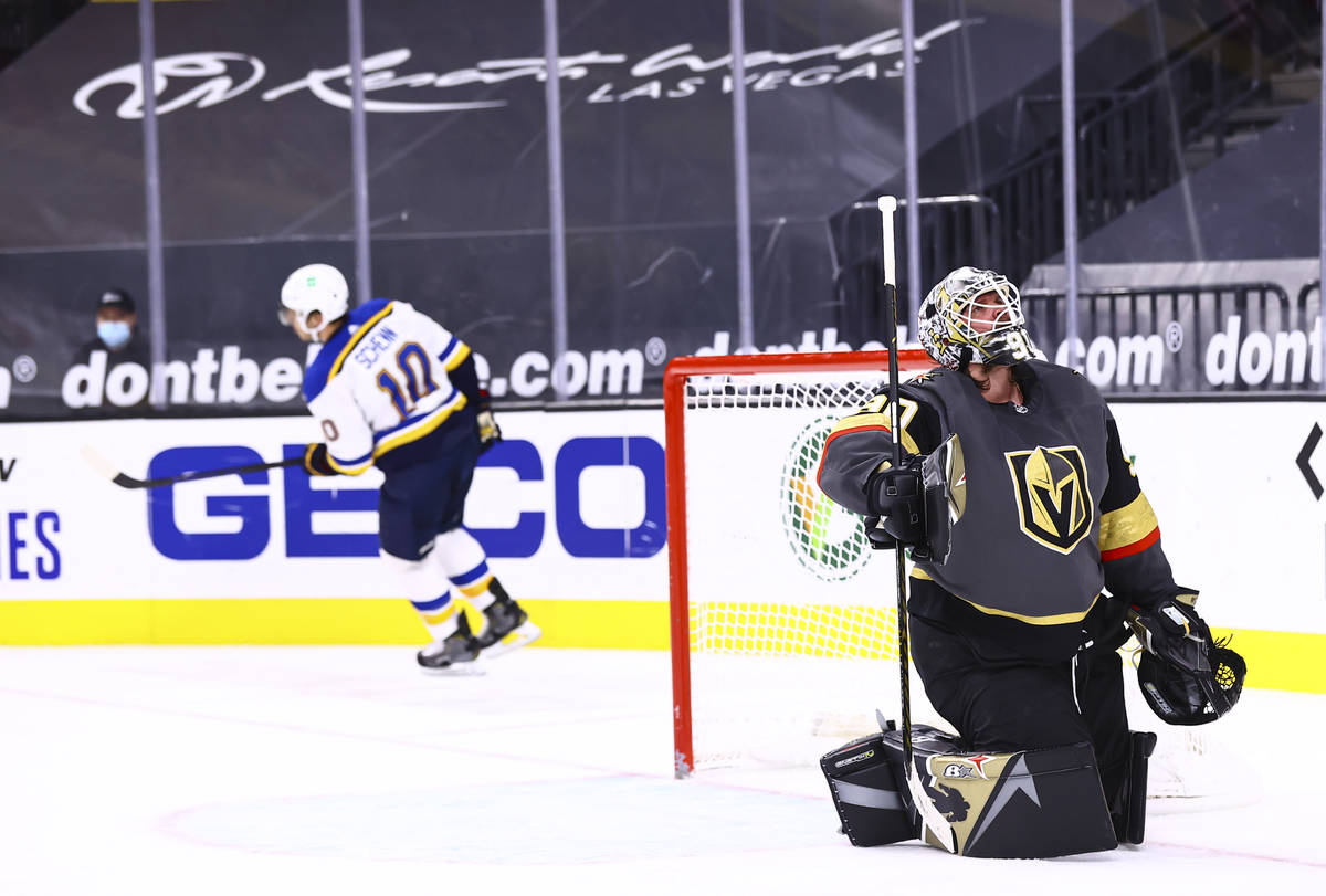 Golden Knights goaltender Robin Lehner (90) looks on after giving up a goal in a shootout to St ...