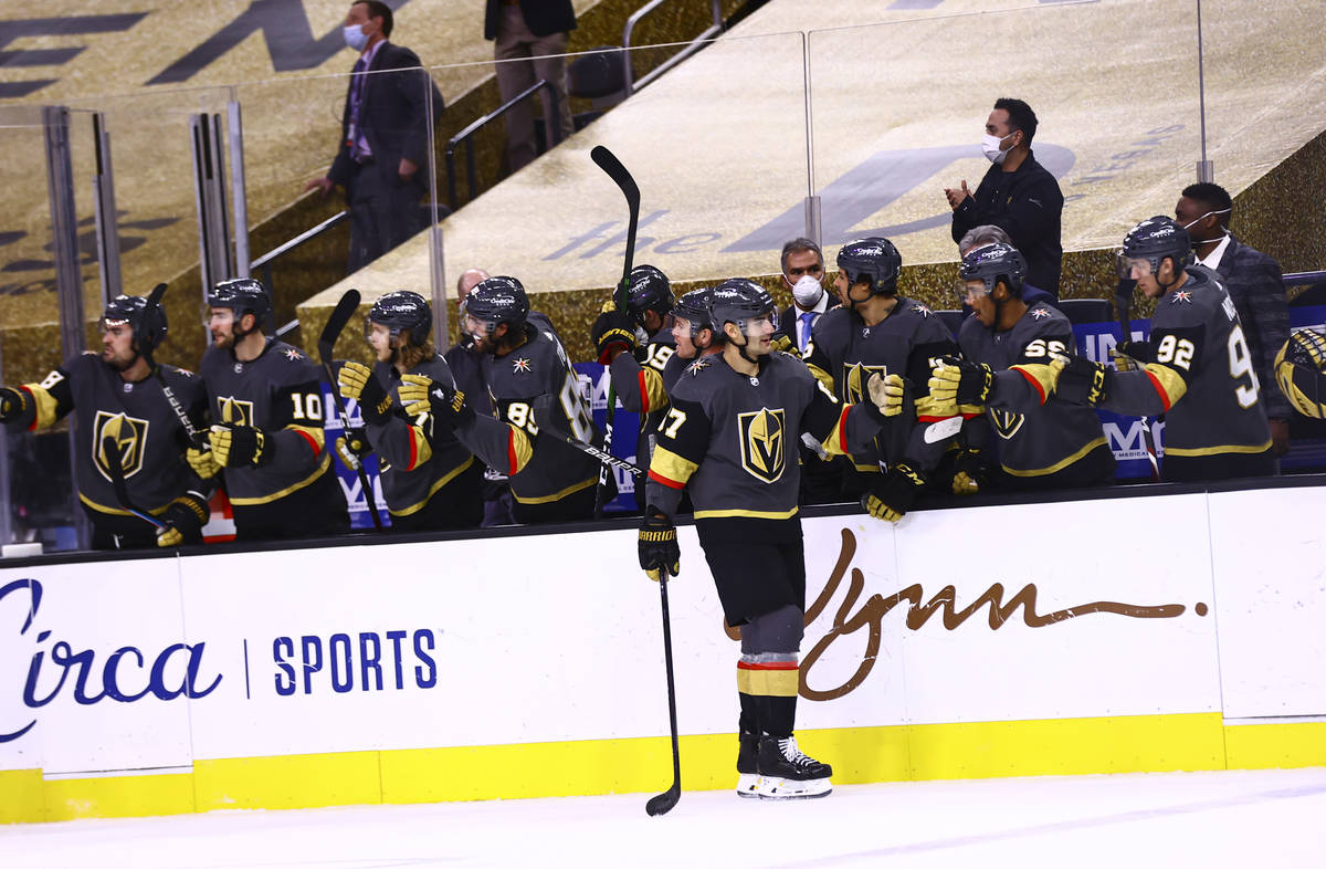 Golden Knights left wing Max Pacioretty (67) celebrates his hat trick during the third period o ...