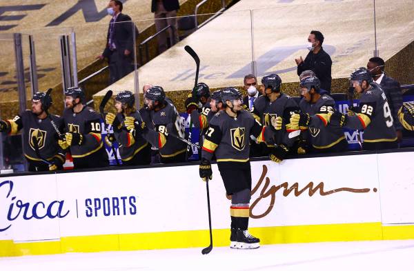 Golden Knights left wing Max Pacioretty (67) celebrates his hat trick during the third period o ...