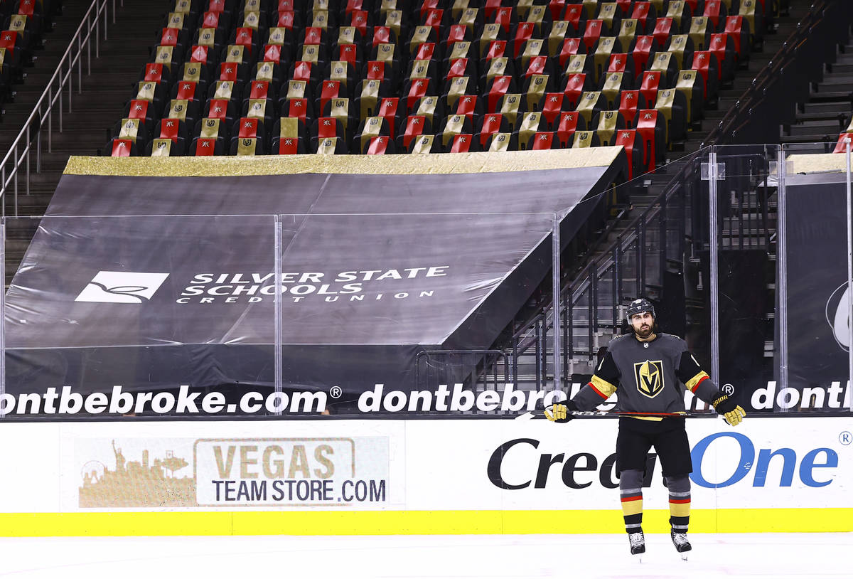Golden Knights right wing Alex Tuch (89) looks on after his shootout attempt was blocked by St. ...
