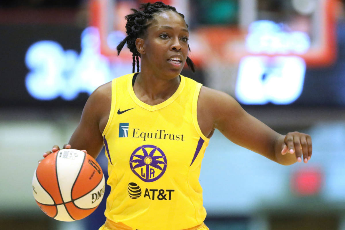 Los Angeles Sparks Chelsea Gray #12 in action against the New York Liberty during a WNBA basket ...