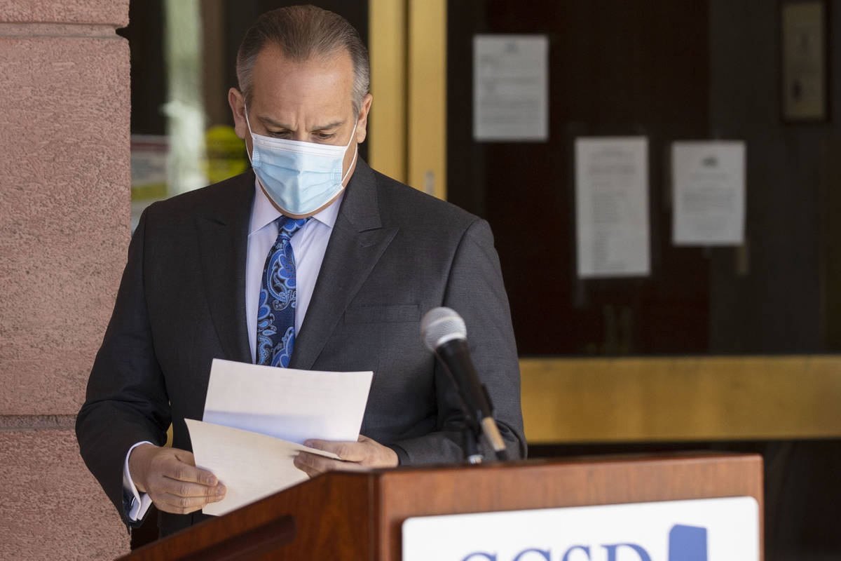 Clark County School District superintendent Dr. Jesus Jara, reads his notes as he prepares to s ...