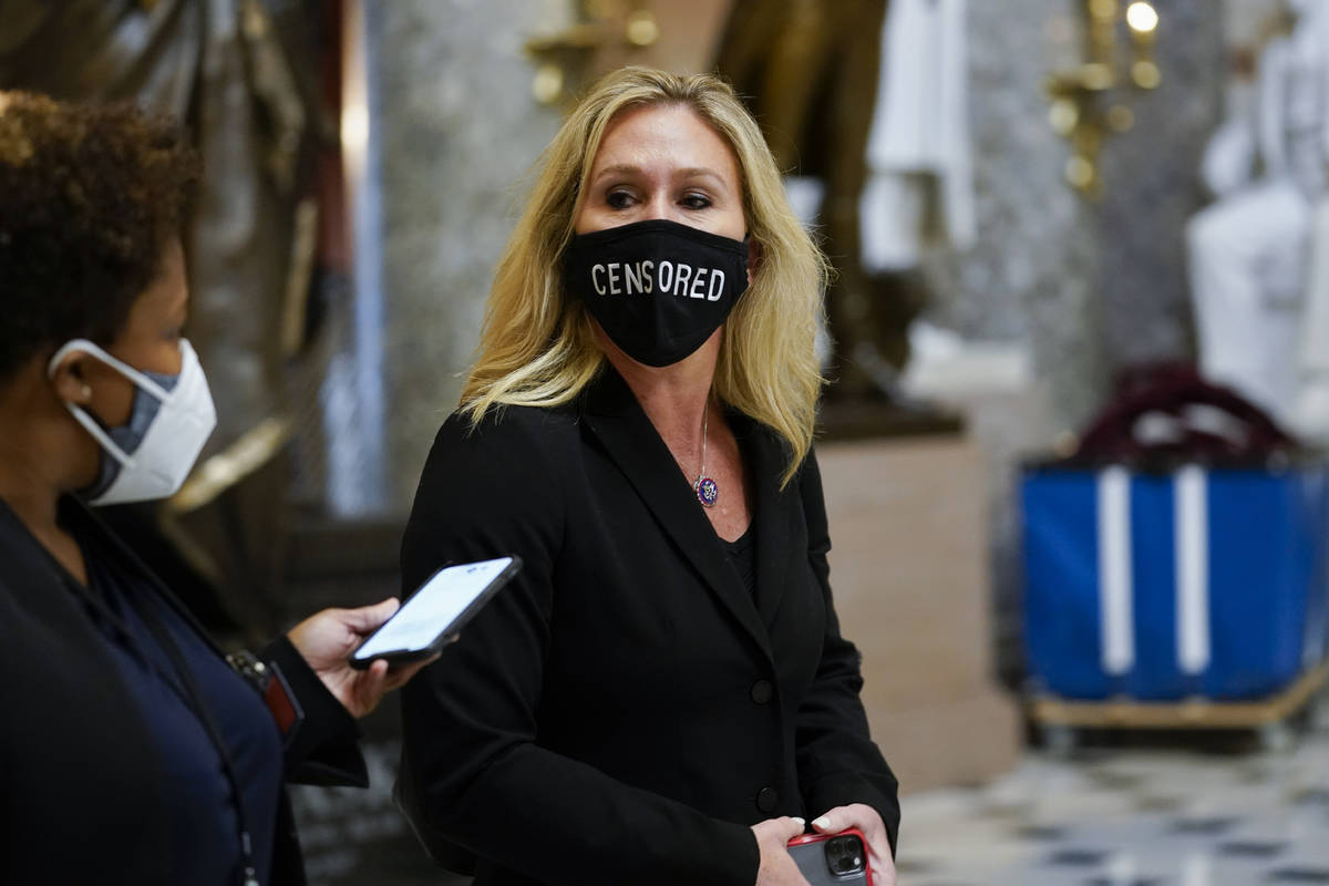 Rep. Marjorie Taylor Greene, R-Ga., in the Capitol in Washington, Wednesday, Jan. 13, 2021. (AP ...