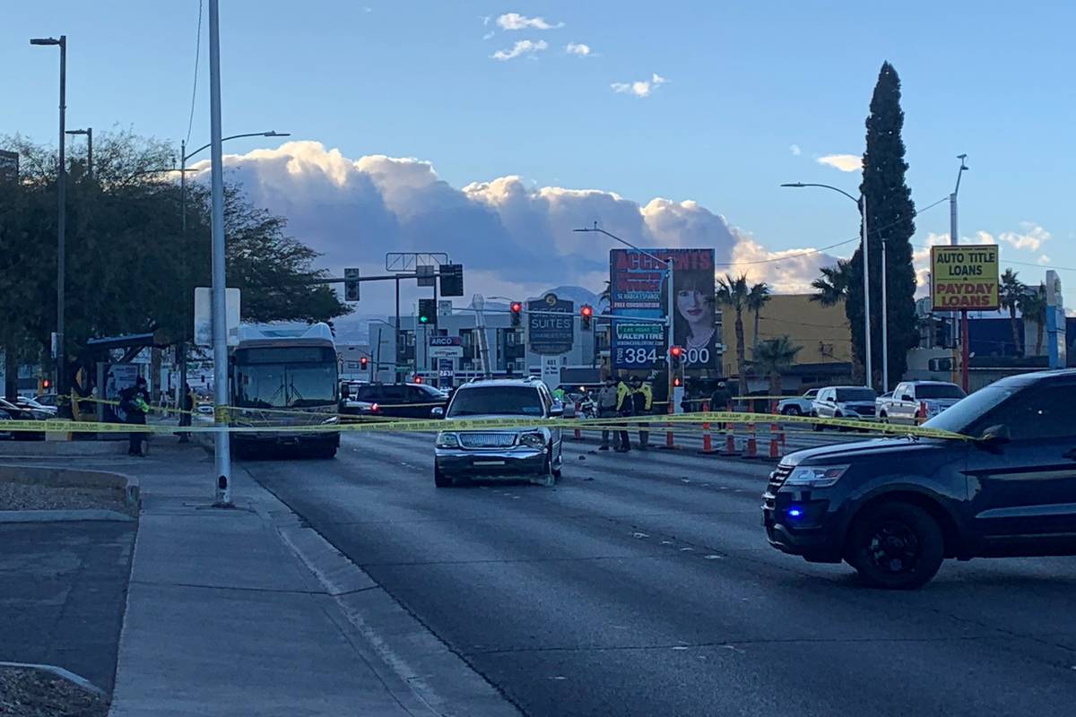 Las Vegas police respond to a fatal crash at East Charleston and Las Vegas boulevards on Friday ...