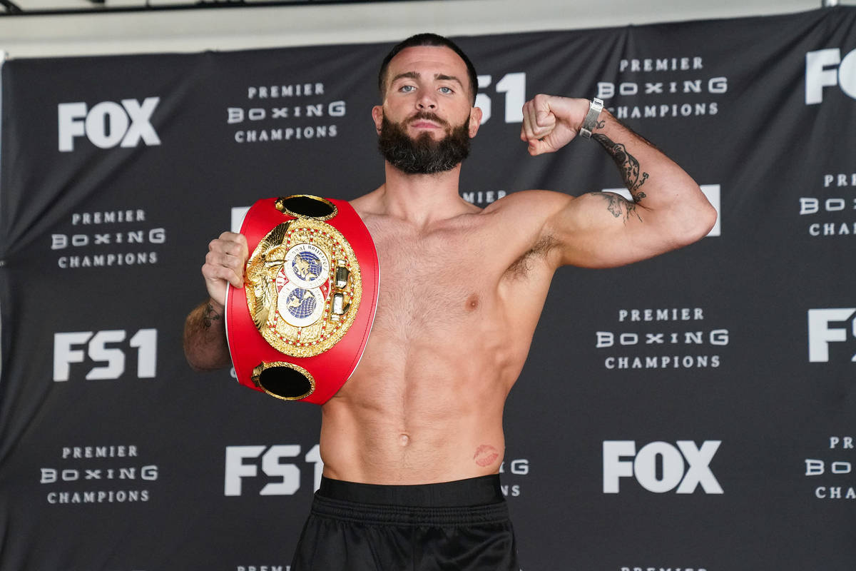 IBF super middleweight champion Caleb Plant is shown during his weigh-in Friday, Jan. 29, 2021, ...
