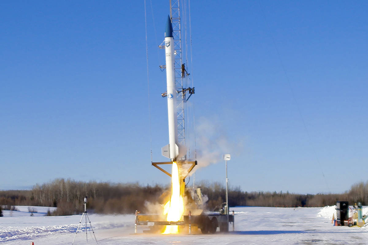 This Jan. 31, 2021 image provided by bluShift Aerospace shows an unmanned rocket lifting off in ...