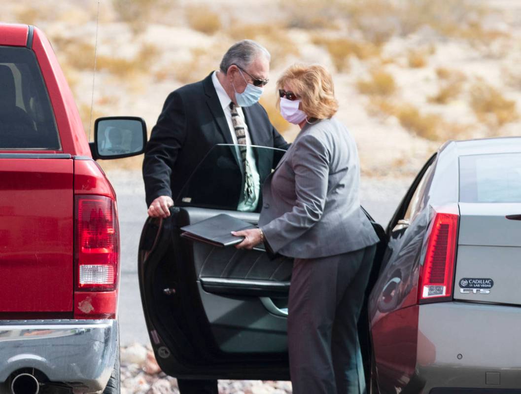 Patricia, right, and her husband Marcel Chappuis arrive at Beatty Justice Court for their heari ...