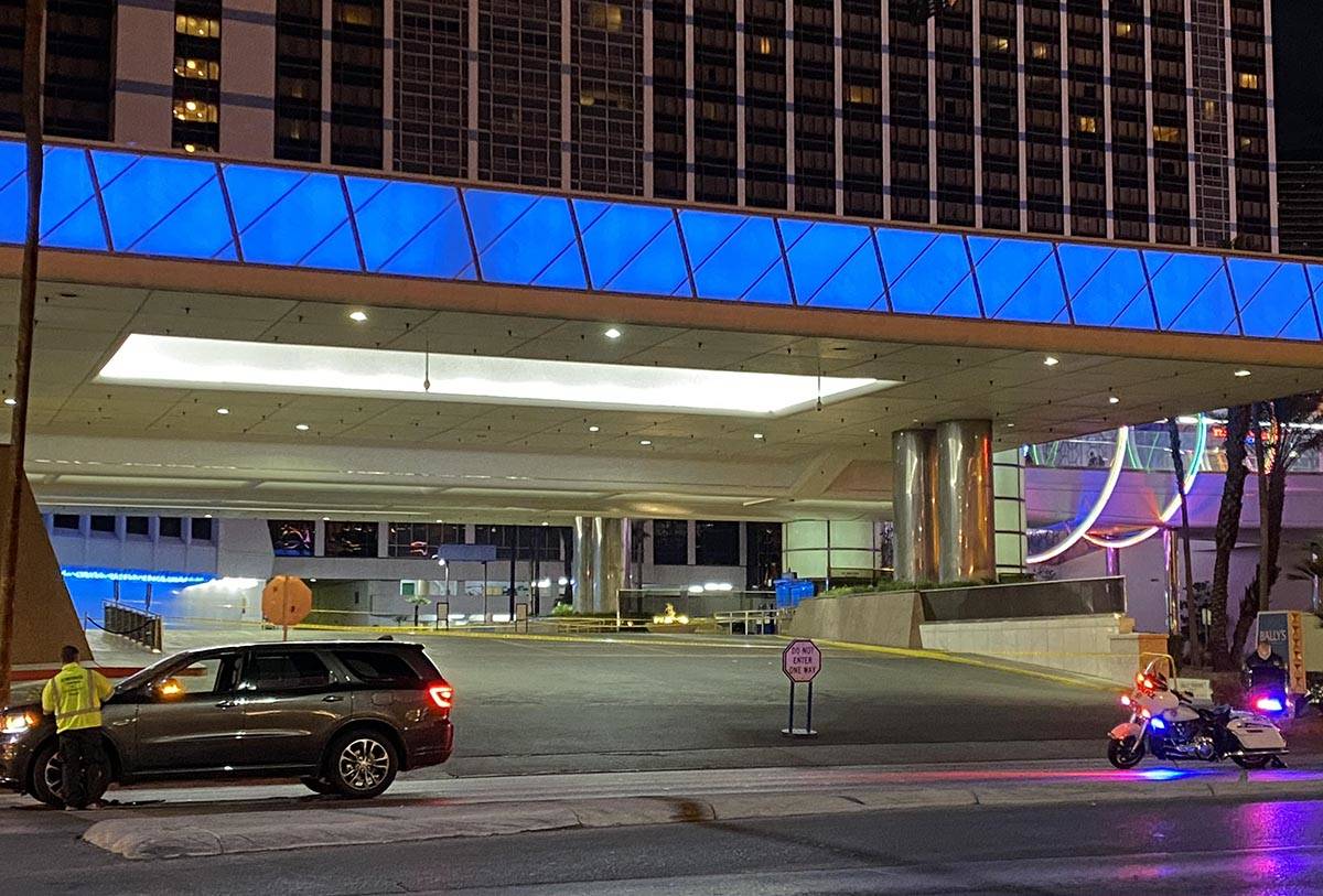 Crime scene tape covers the valet entrance to Bally's Las Vegas after a domestic dispute result ...